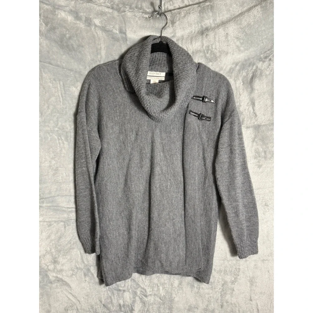 Ellen Tracy 100% extra fine Merino‎ Wool Blend gray Buckle Sweater Womens Medium